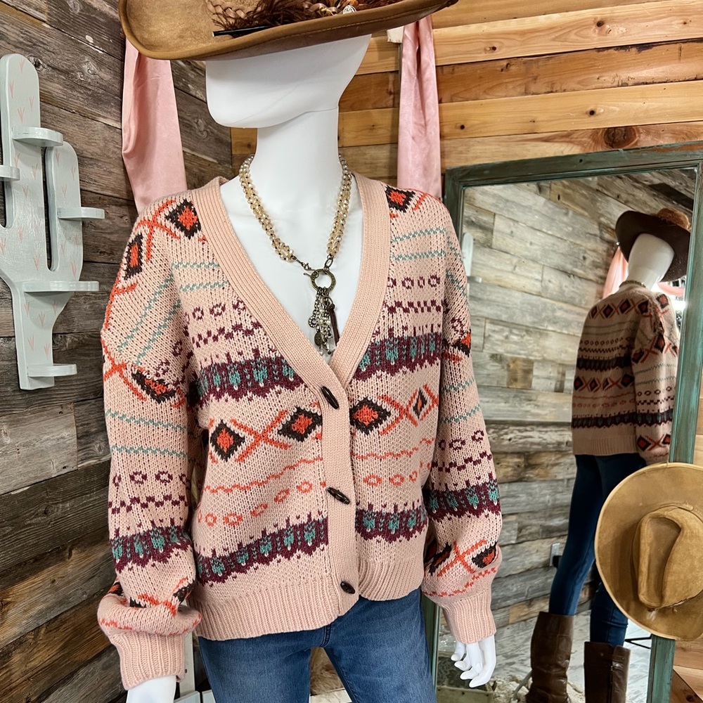 Tribal Pattern V Neck Wood Button Front Cardigan with Balloon Sleeve